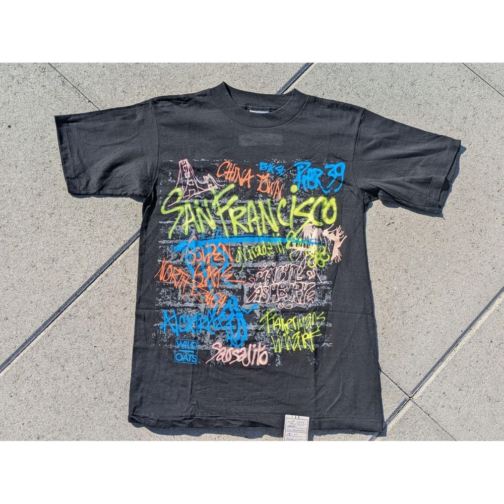 Vintage Oneita Shirt Mens Medium Black San Francisco Wild Oats Graphic Tee 80s